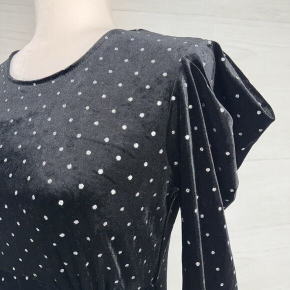 Betsey Johnson Black Velvet Dress M Power Sleeve Metallic Silver Dot Whimsigoth - Picture 8 of 16